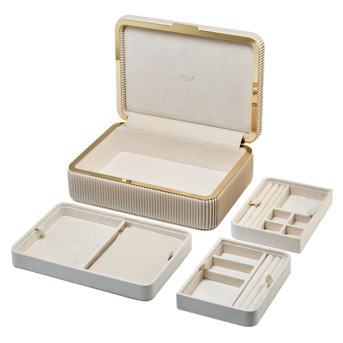 WOLF1834 Bella 781053 medium beige sieradendoos van vegan leer geribbeld patroon