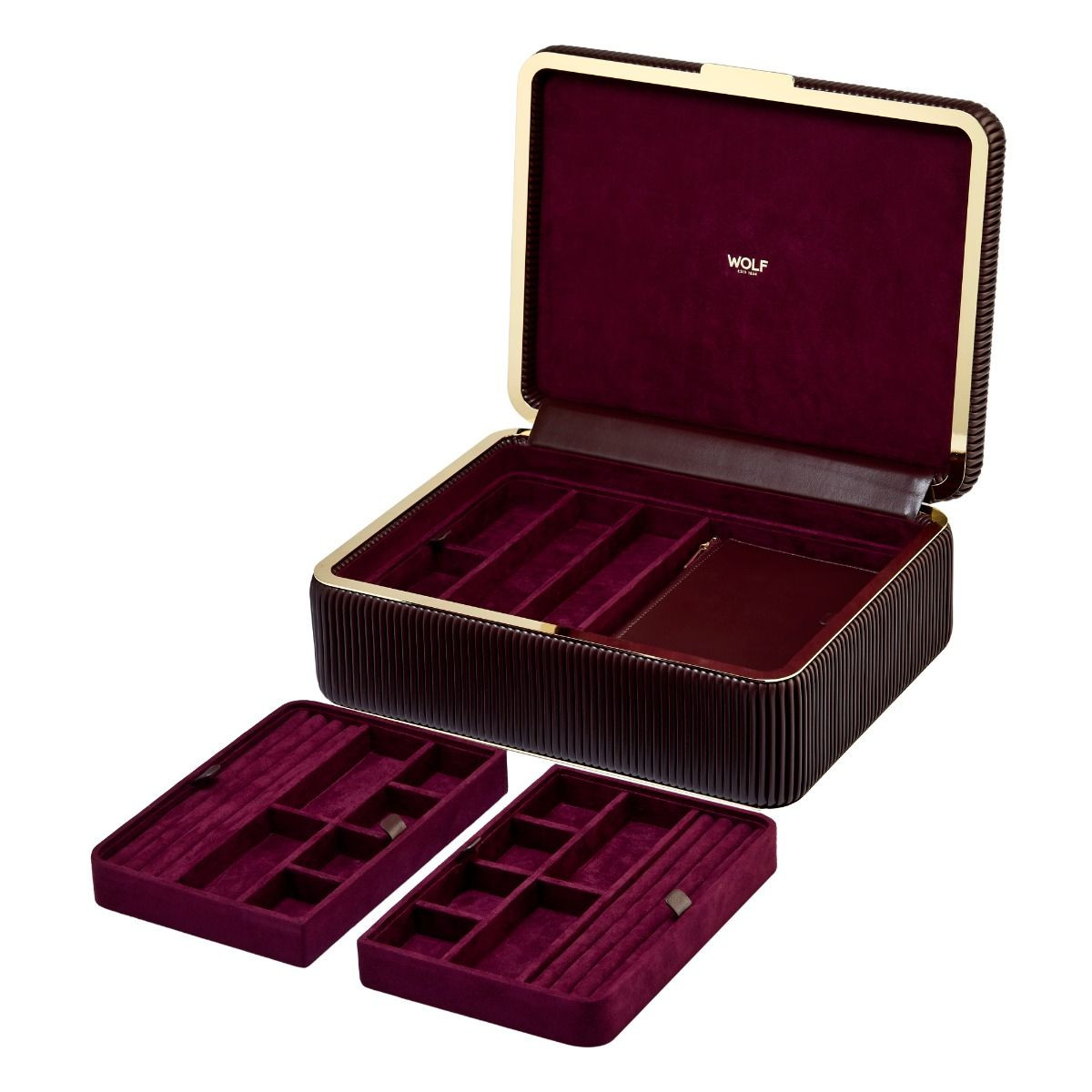 WOLF1834 Bella 781226 large vegan leren sieradendoos in geribbeld bordeaux rood
