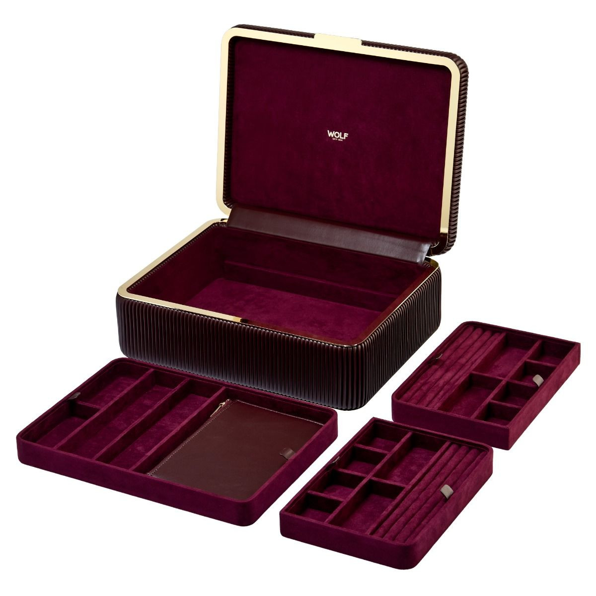WOLF1834 Bella 781226 large vegan leren sieradendoos in geribbeld bordeaux rood