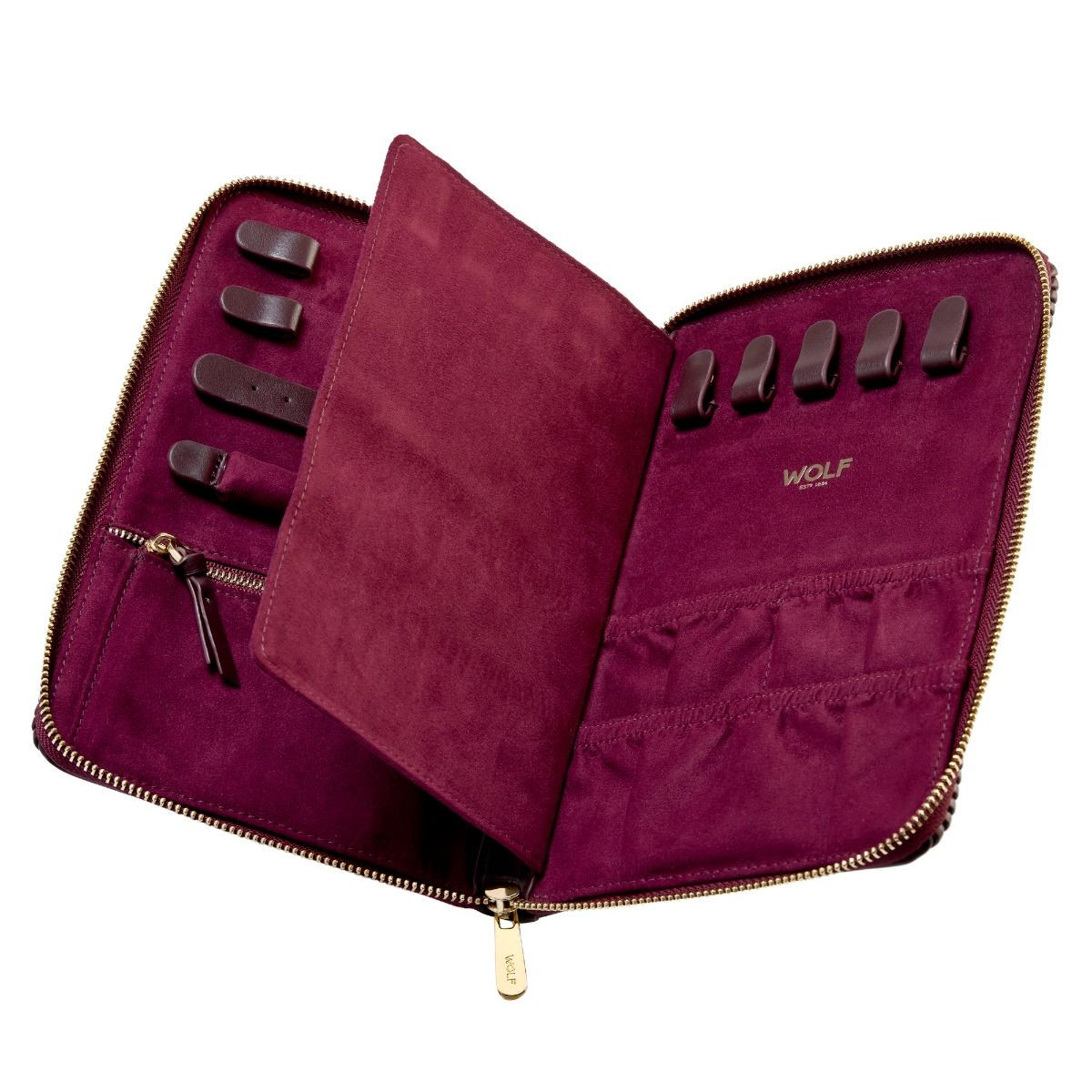 WOLF1834 Bella 781426 bordeaux rood sieradenreisetui met geribbeld patroon en goudkleurige rits