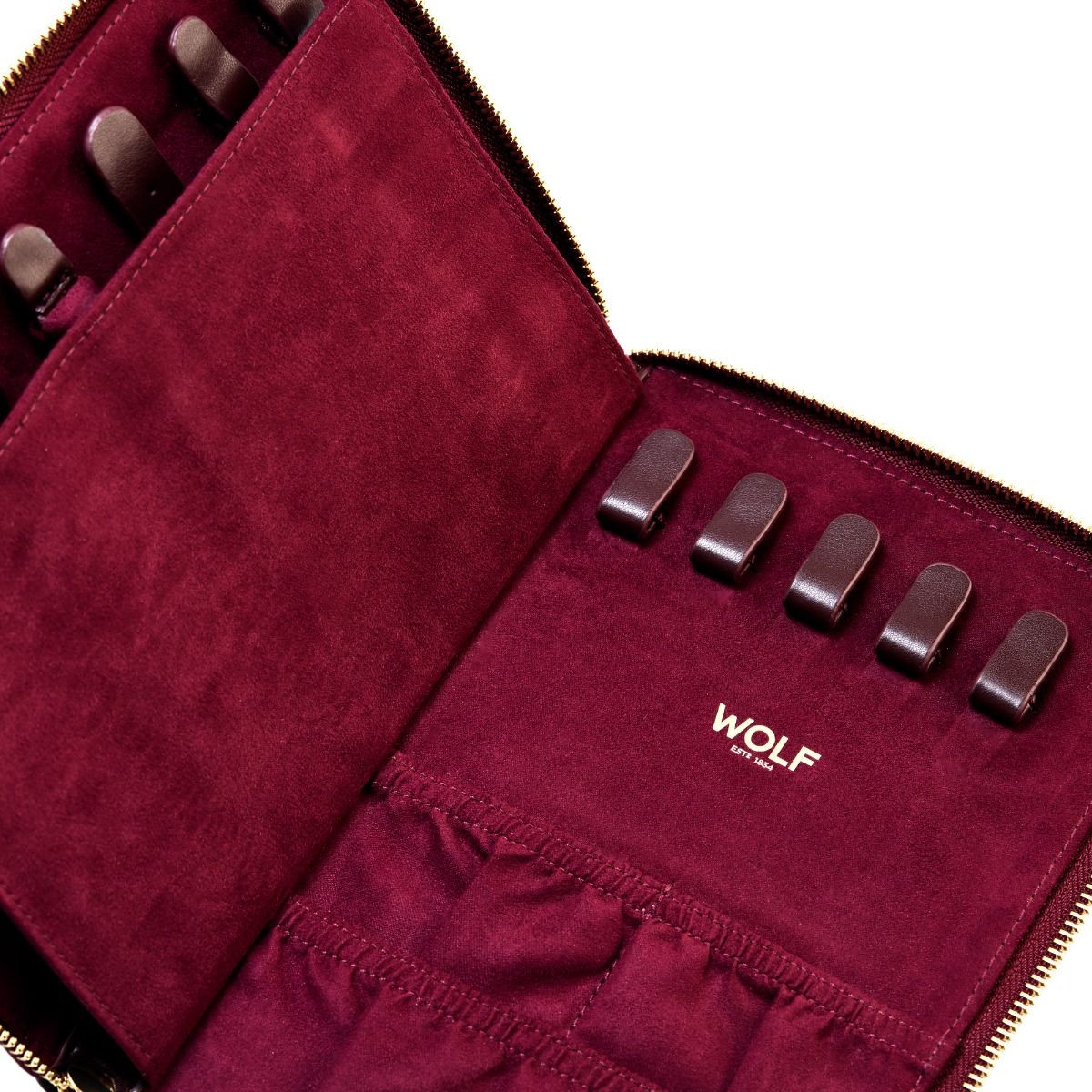 WOLF1834 Bella 781426 bordeaux rood sieradenreisetui met geribbeld patroon en goudkleurige rits