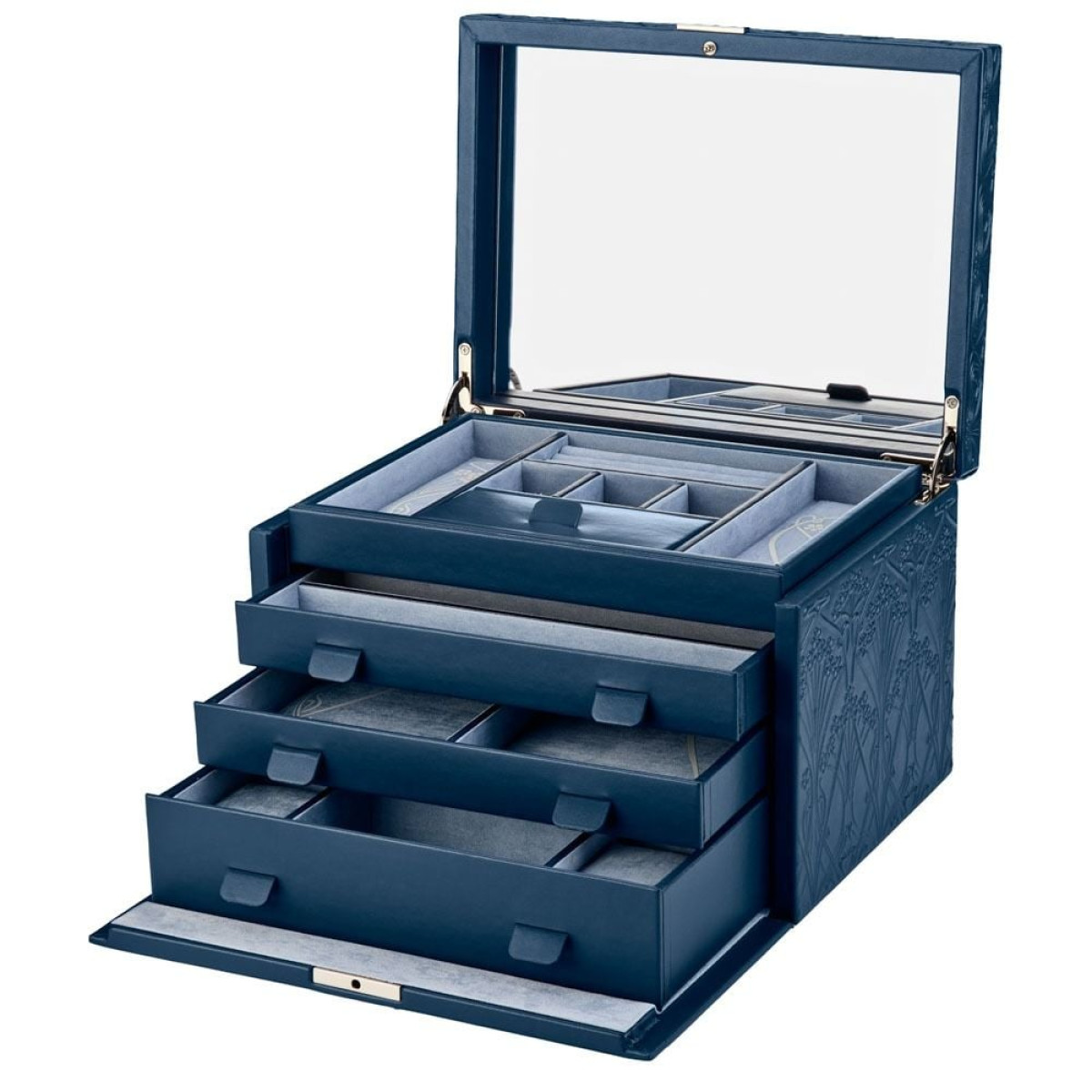WOLF1834 Liberty 381017 large blauwe sieradendoos met spiegel slot en Ianthe bloemenprint