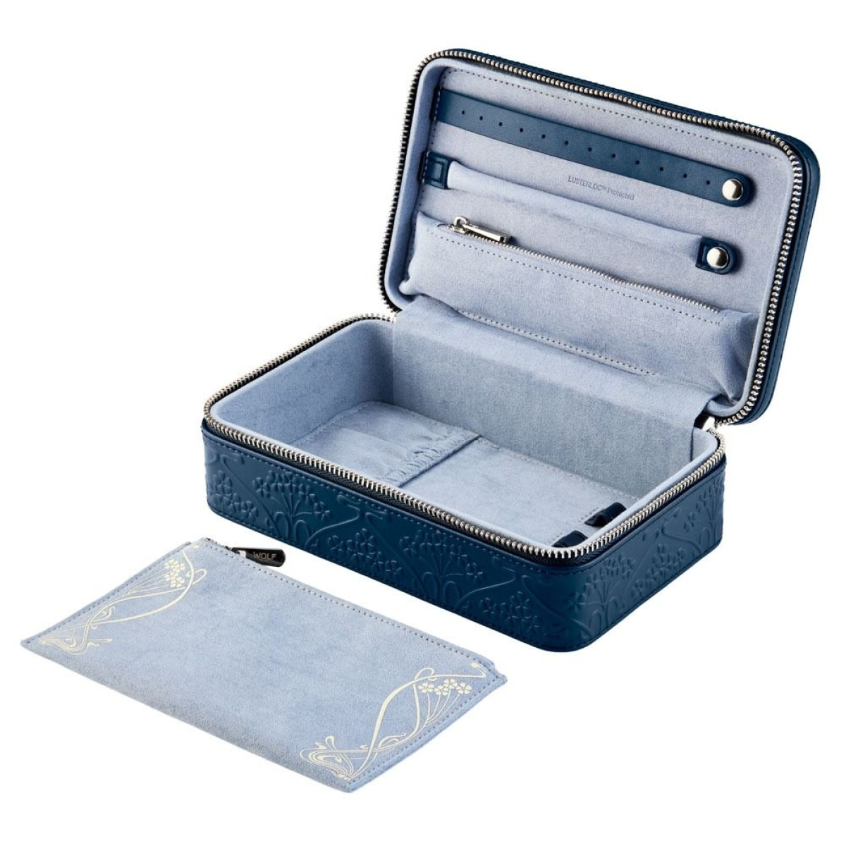 WOLF1834 Liberty 381217 medium blauwe bloemen sieradendoos met lichtblauwe bekleding en etui