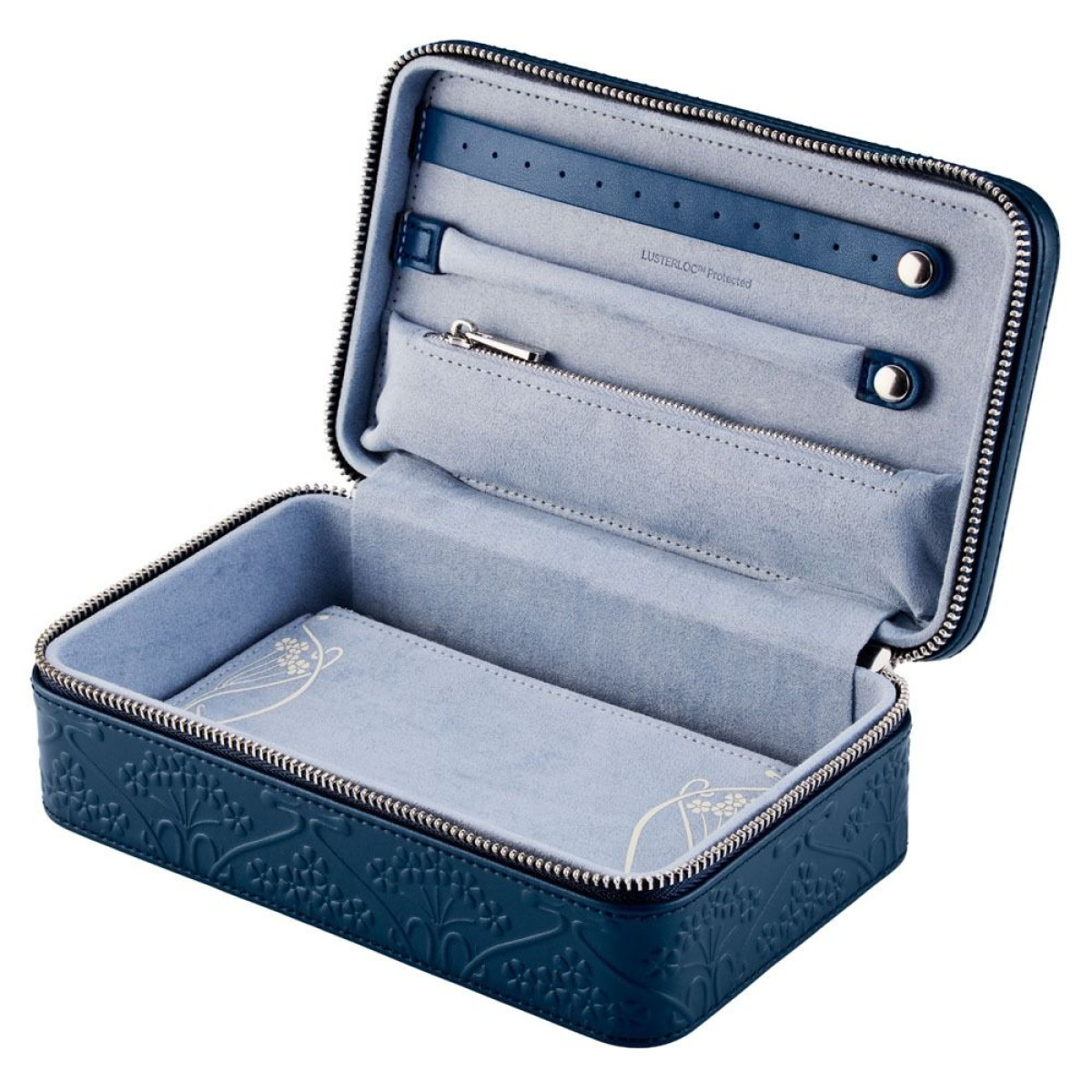 WOLF1834 Liberty 381217 medium blauwe bloemen sieradendoos met lichtblauwe bekleding en etui
