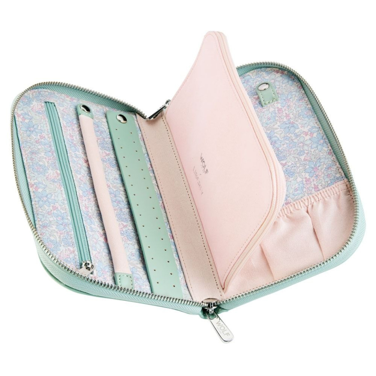 WOLF1834 Liberty 381451 groen sieradenreisetui met zilverkleurige details en bloemen patroon