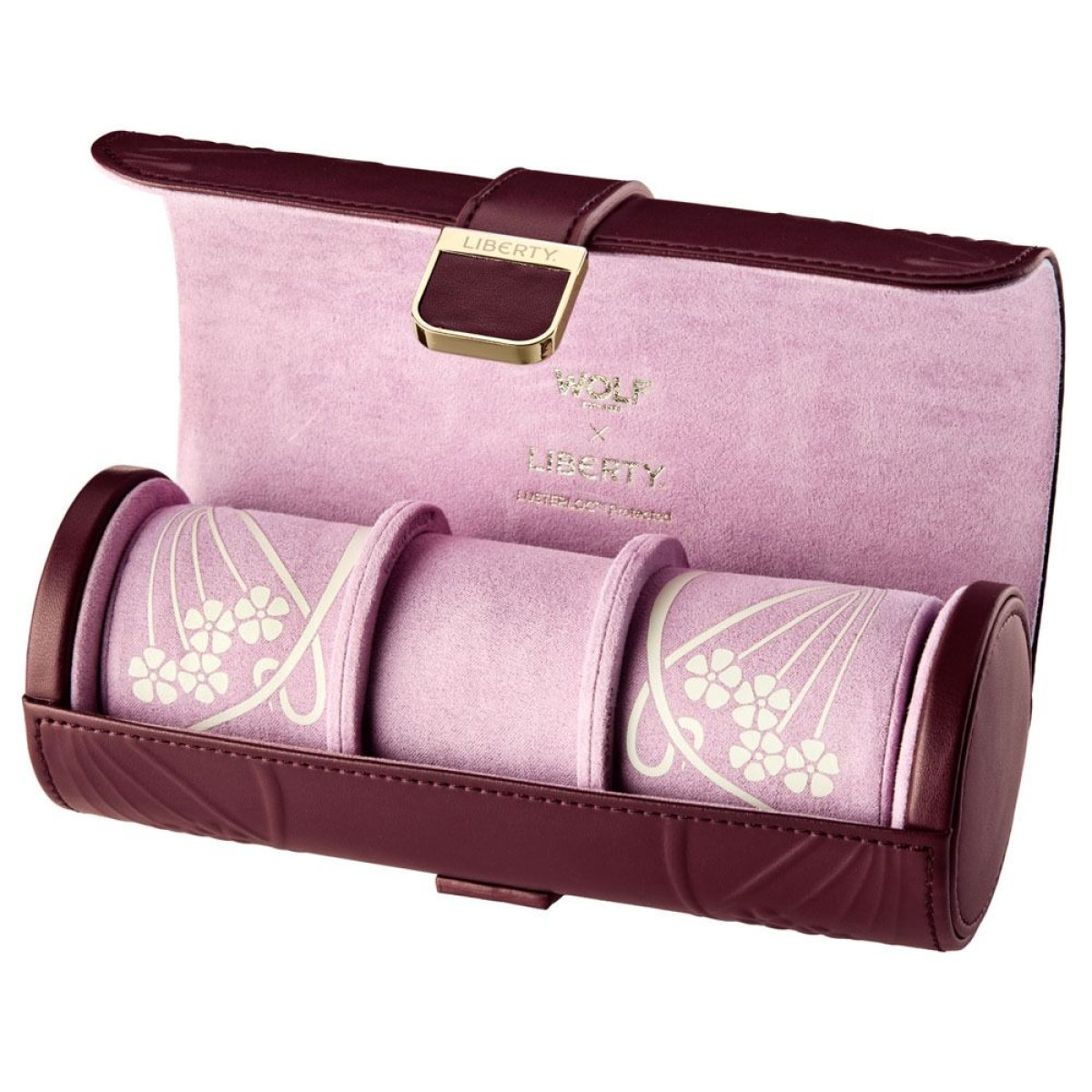 WOLF1834 Liberty 381527 bordeaux rode watch roll met bloemen patroon en roze binnenzijde - voor 3 horloges
