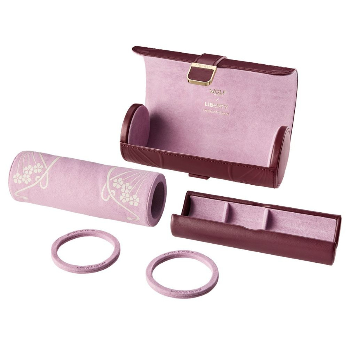 WOLF1834 Liberty 381527 bordeaux rode watch roll met bloemen patroon en roze binnenzijde - voor 3 horloges