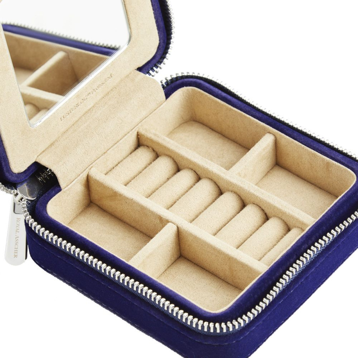 WOLF1834 Royal Asscher vierkante sieradenorganizer van blauw fluweel met tulpen