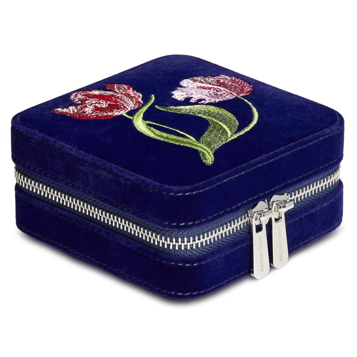 WOLF1834 Royal Asscher vierkante sieradenorganizer van blauw fluweel met tulpen