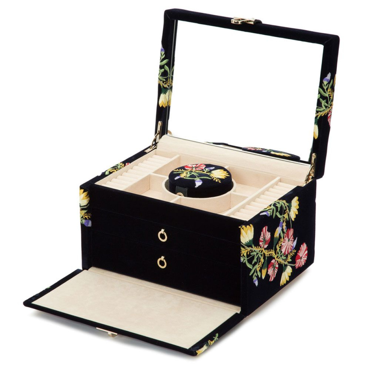 WOLF1834 Zoe medium blauwe sieradendoos van fluweel met bloemen