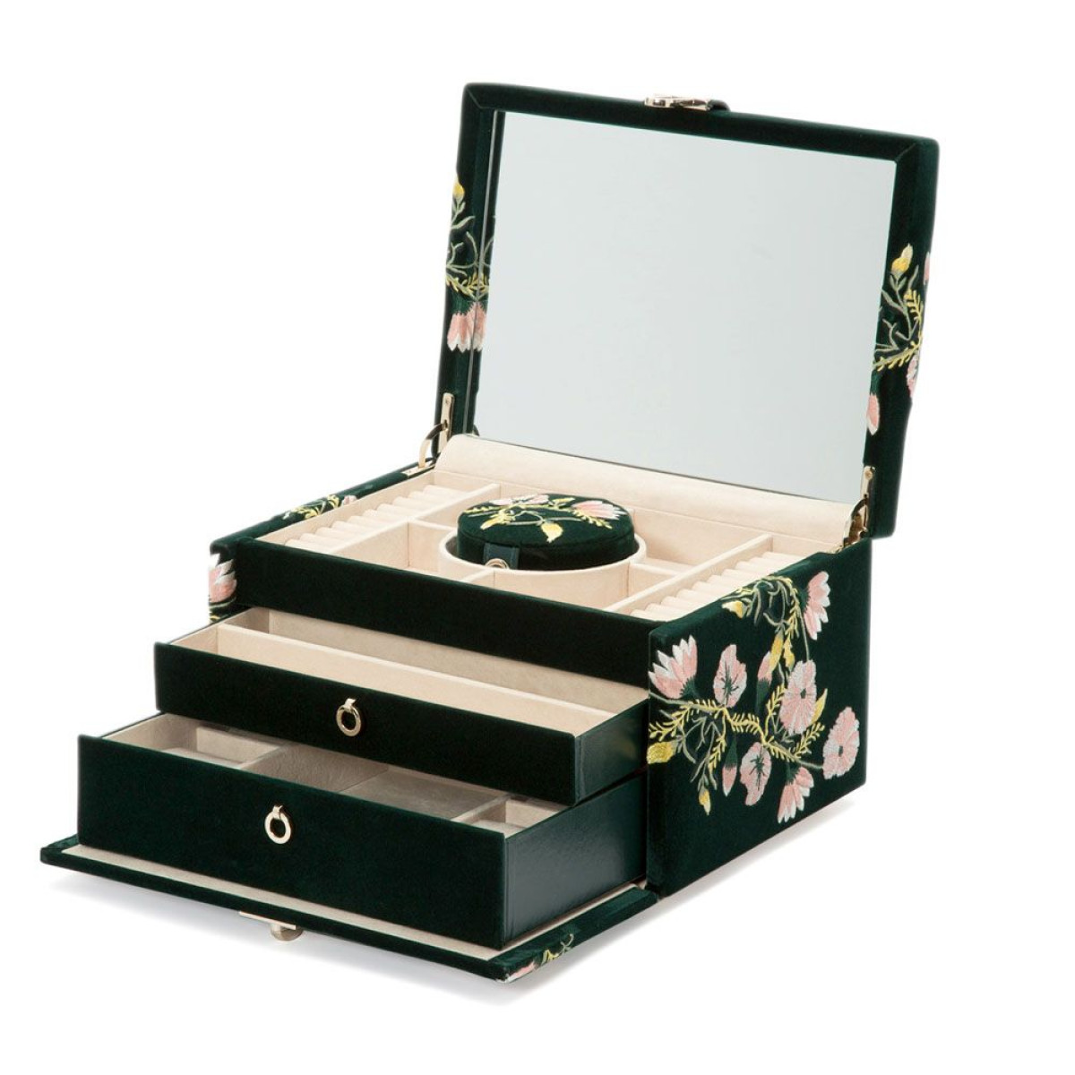 WOLF1834 Zoe medium groene velvet sieradendoos met bloemen