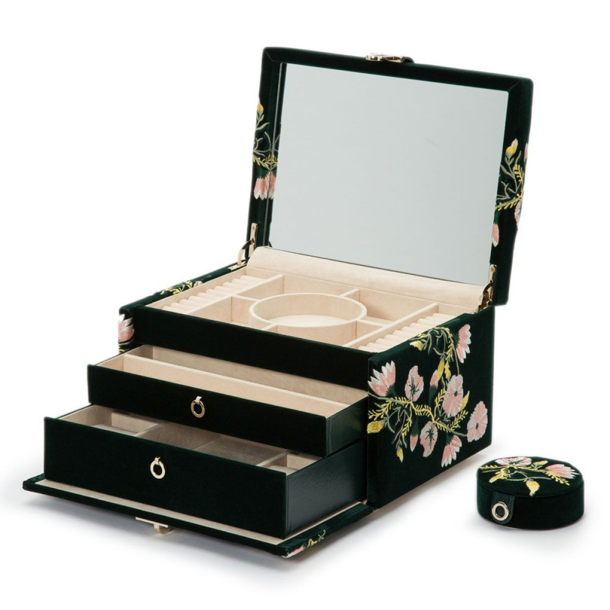 WOLF1834 Zoe medium groene velvet sieradendoos met bloemen