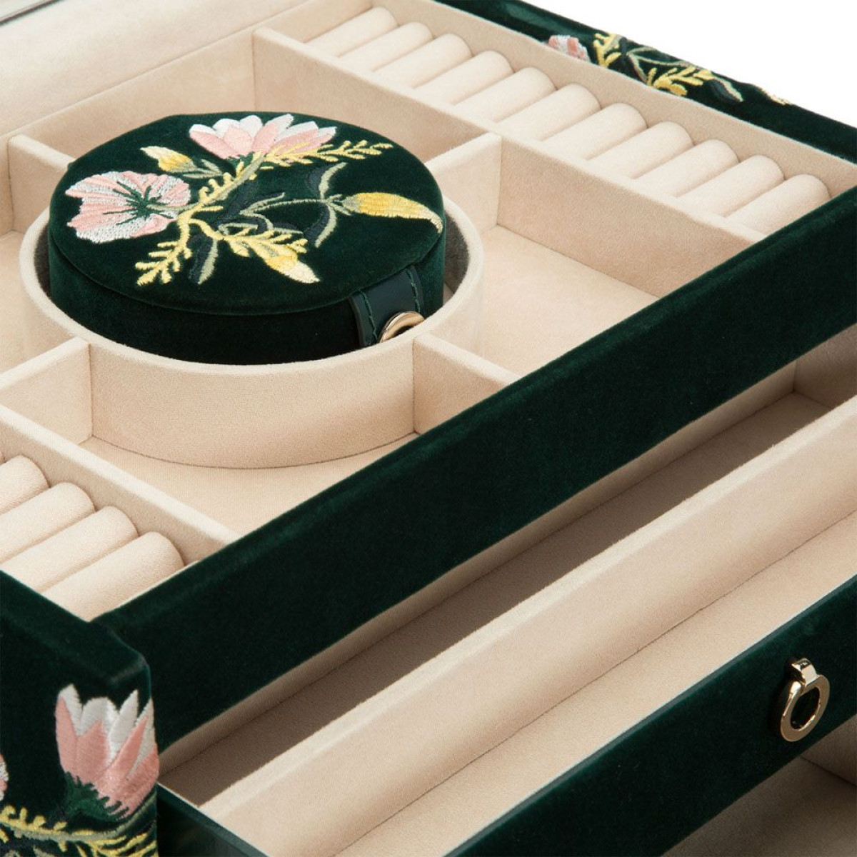 WOLF1834 Zoe medium groene velvet sieradendoos met bloemen