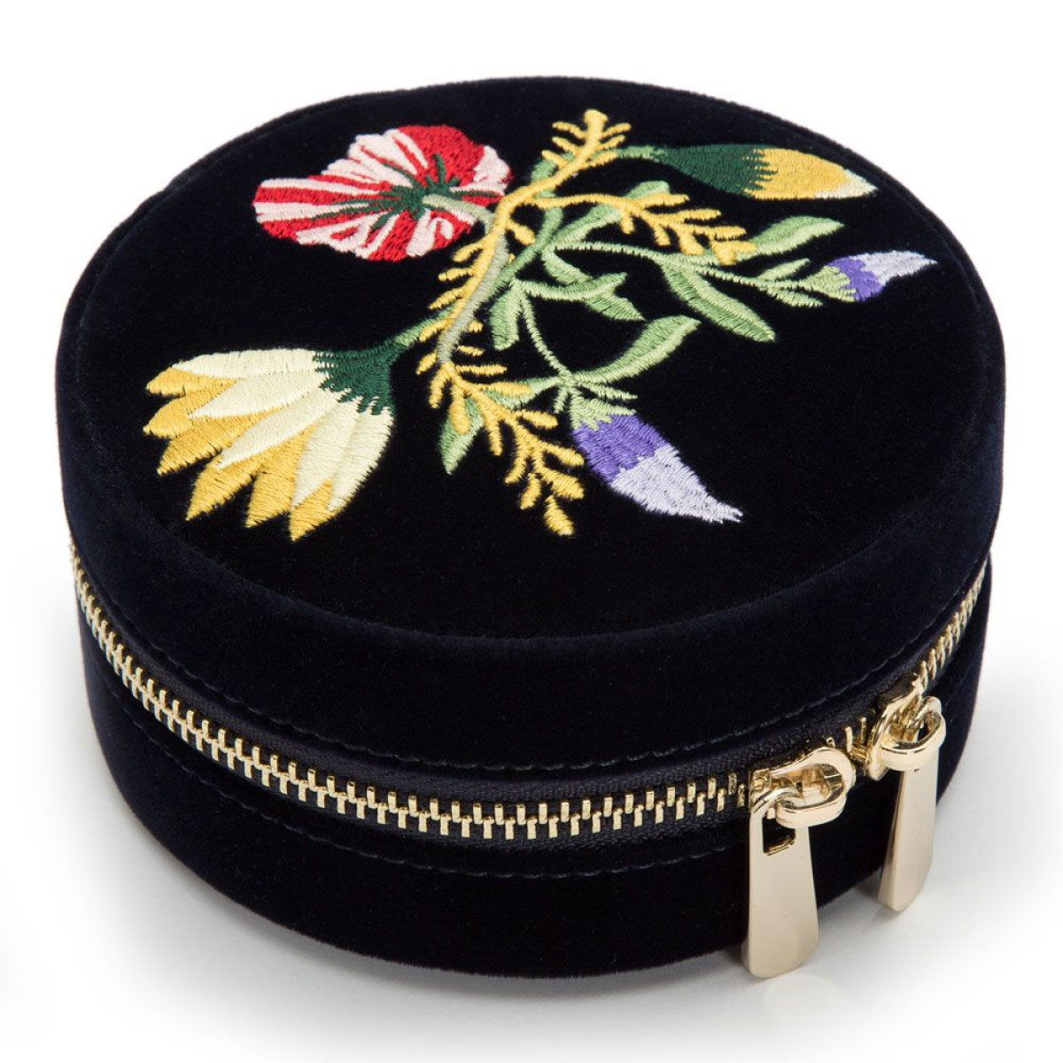 WOLF1834 Zoe rond blauw fluwelen sieradenetui met bloemen