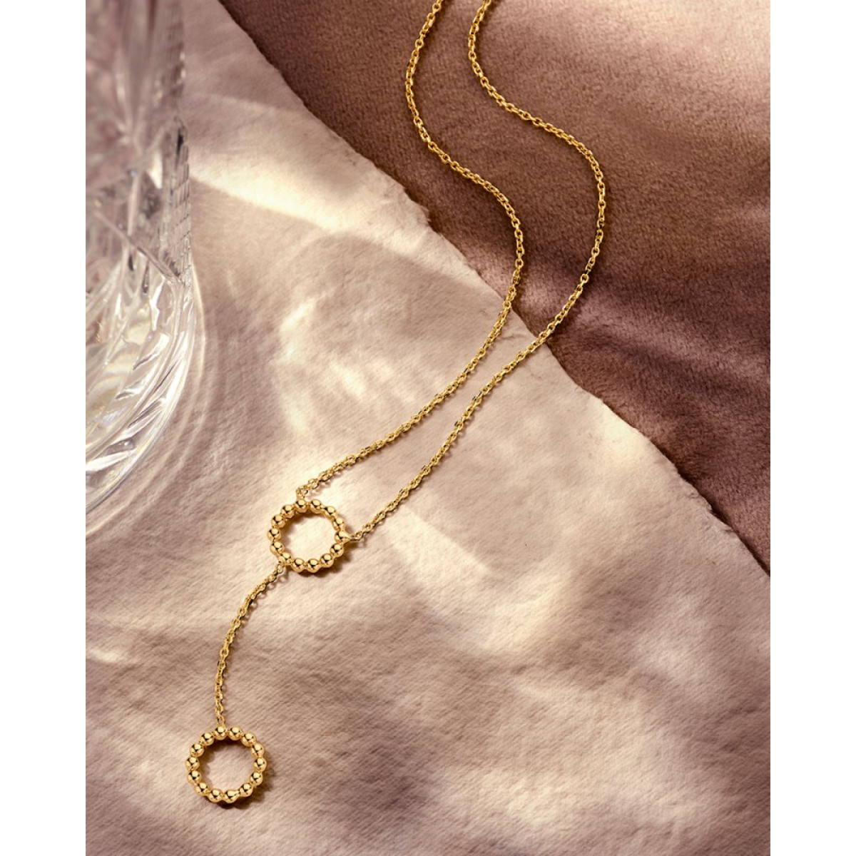 Y-collier van 14-karaat goud met twee trendy cirkels - Lengte 43 cm