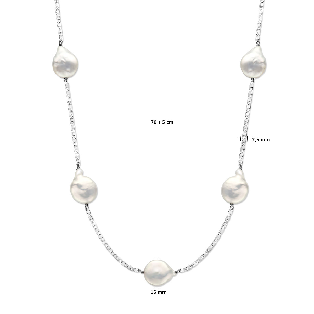 Zilveren 925 ketting met ronde imitatieparels 2.5 mm breed - Lengte 70-75 cm