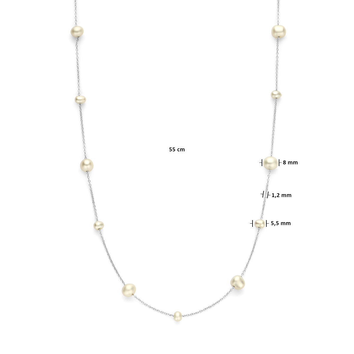 Zilveren ankerketting met grote en kleine parels - Lengte 55 cm