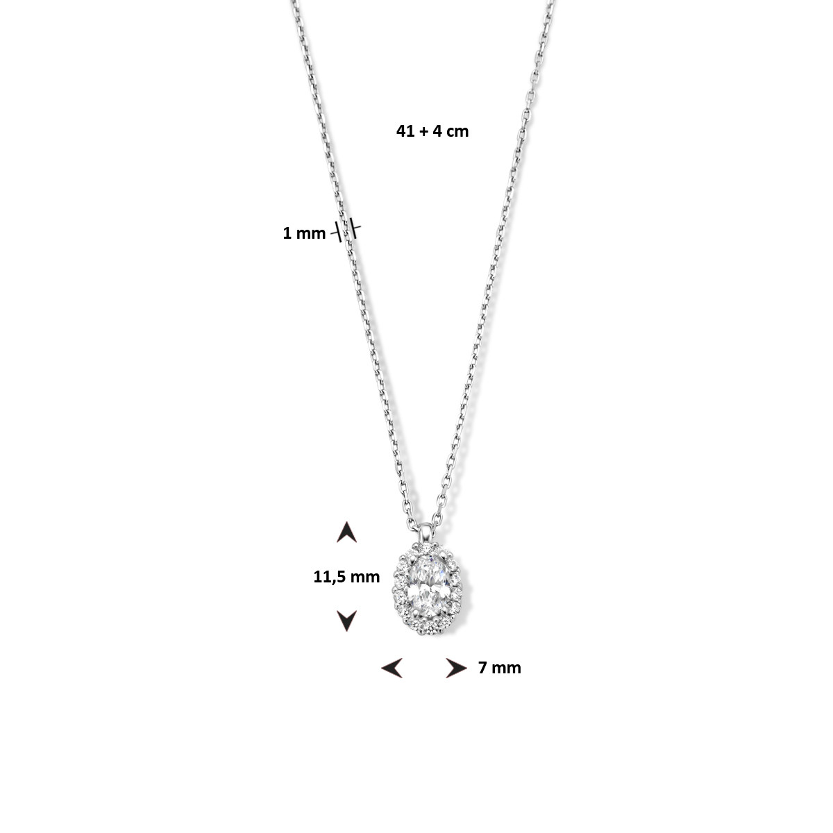 Zilveren ankerketting met ovale zirkonia - Lengte 41 + 4 cm