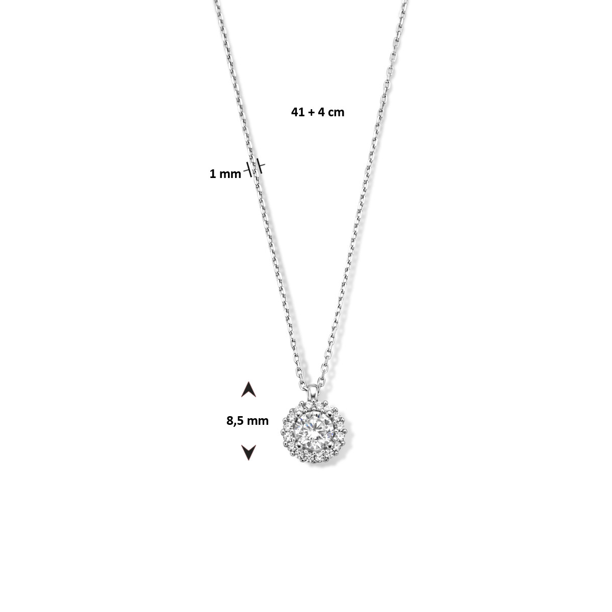 Zilveren ankerketting met ronde zirkonia hanger - Lengte 41 + 4 cm