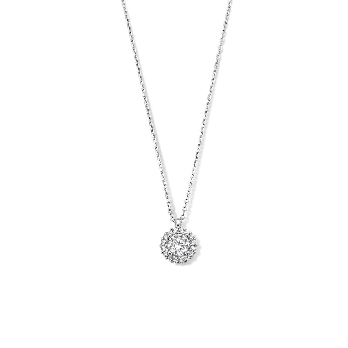 Zilveren ankerketting met ronde zirkonia hanger - Lengte 41 + 4 cm