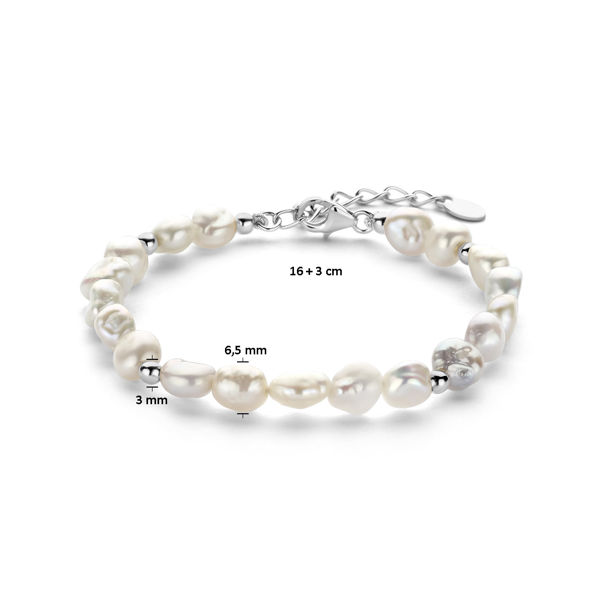 Zilveren armband met barokke zoetwaterparels en zilveren bolletjes 6.5 mm breed - Lengte 16 + 3 cm
