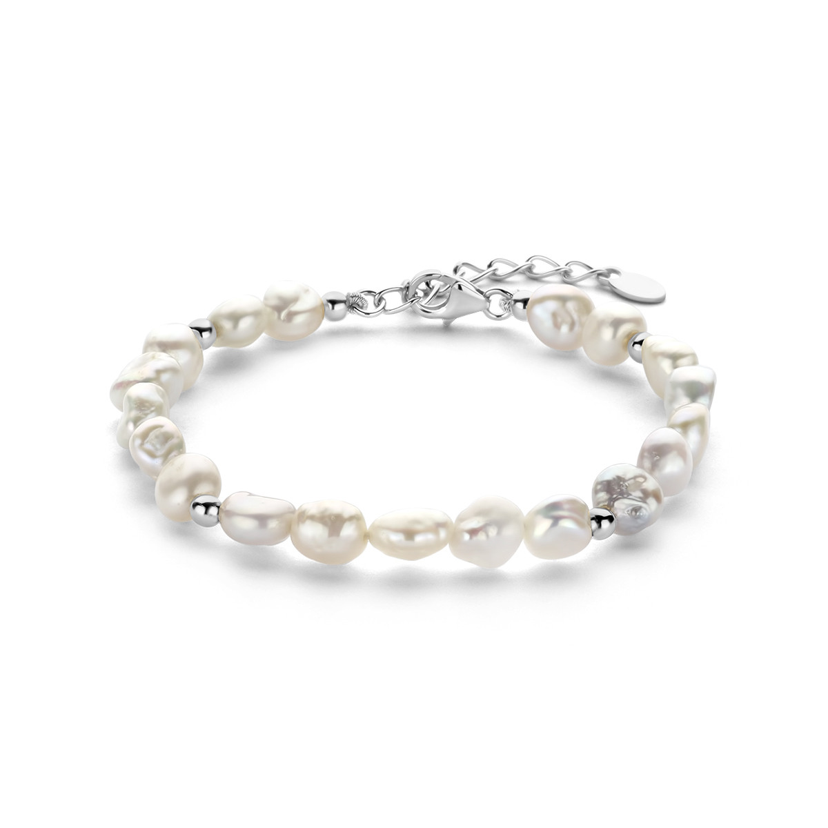 Zilveren armband met barokke zoetwaterparels en zilveren bolletjes 6.5 mm breed - Lengte 16 + 3 cm