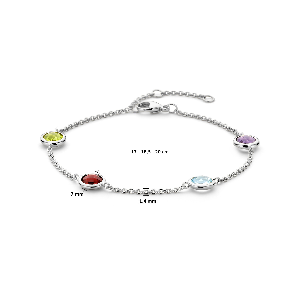 Zilveren armband met edelstenen amethist, granaat, peridoot en topaas - Lengte 17.5-18.5-20 cm