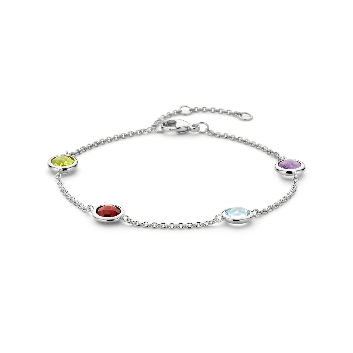 Zilveren armband met edelstenen amethist, granaat, peridoot en topaas - Lengte 17.5-18.5-20 cm