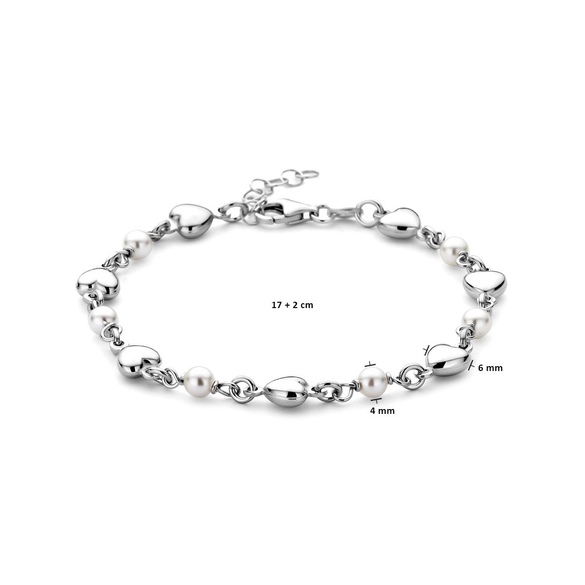 Zilveren armband met hartjes en Swarovski parels - Lengte 17-19 cm