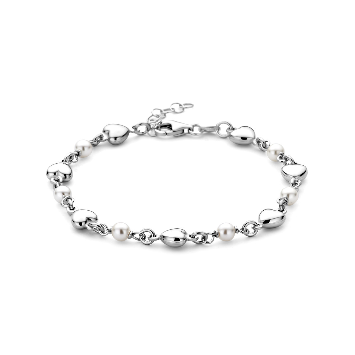 Zilveren armband met hartjes en Swarovski parels - Lengte 17-19 cm