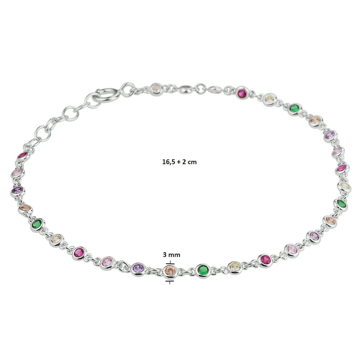 Zilveren armband met kleurrijke zirkonia 3 mm breed - Lengte 16.5-18.5 cm