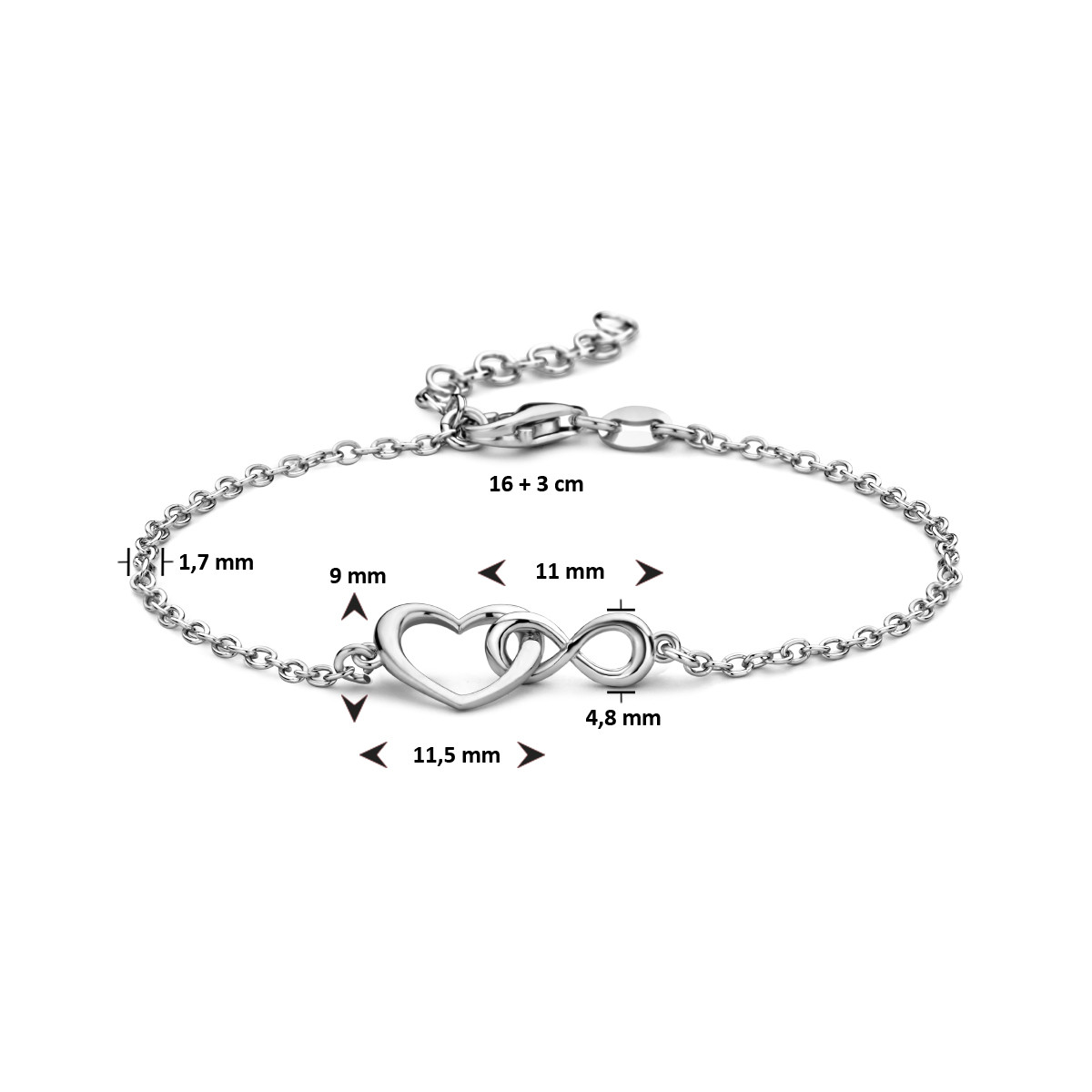 Zilveren armband met open hartje en infinity - Lengte 16 + 3 cm
