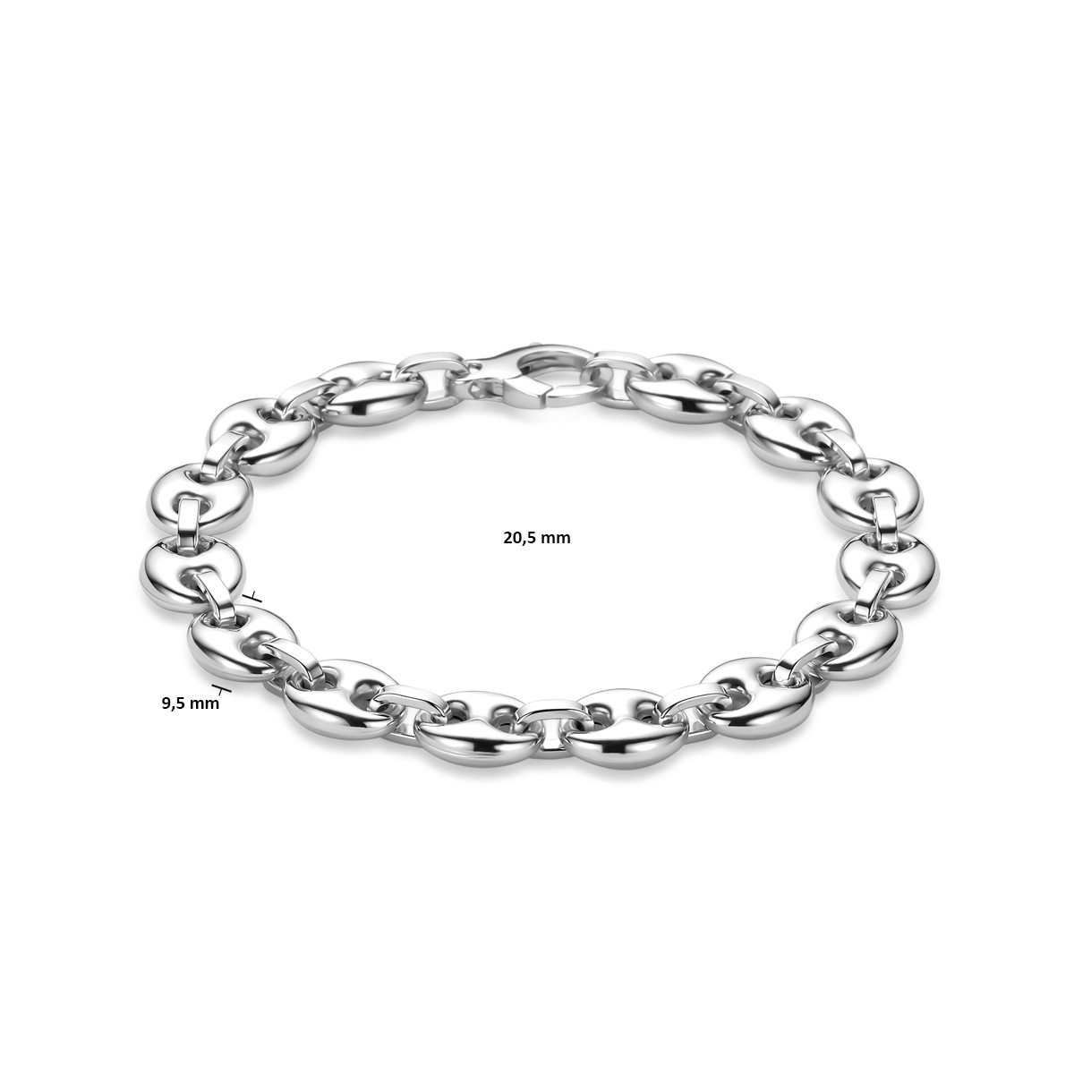 Zilveren armband met ovale koffieboon schakels glanzend 9.5 mm breed - Lengte 20.5 cm
