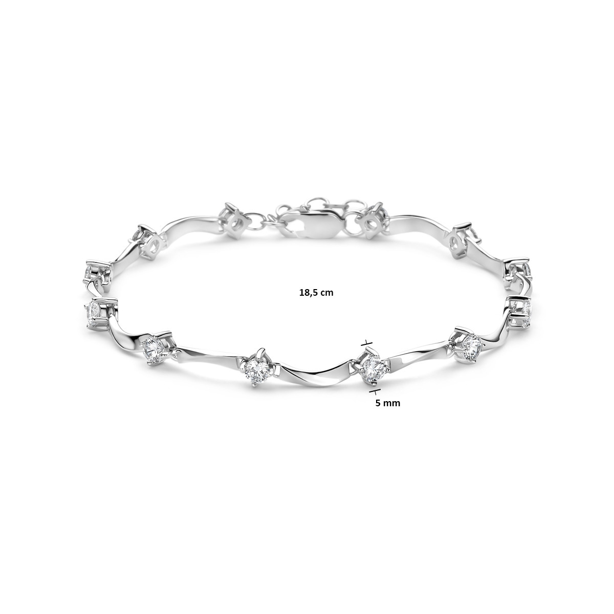 Zilveren armband met zirkonia golvende schakels 5 mm breed - Lengte 18.5 cm