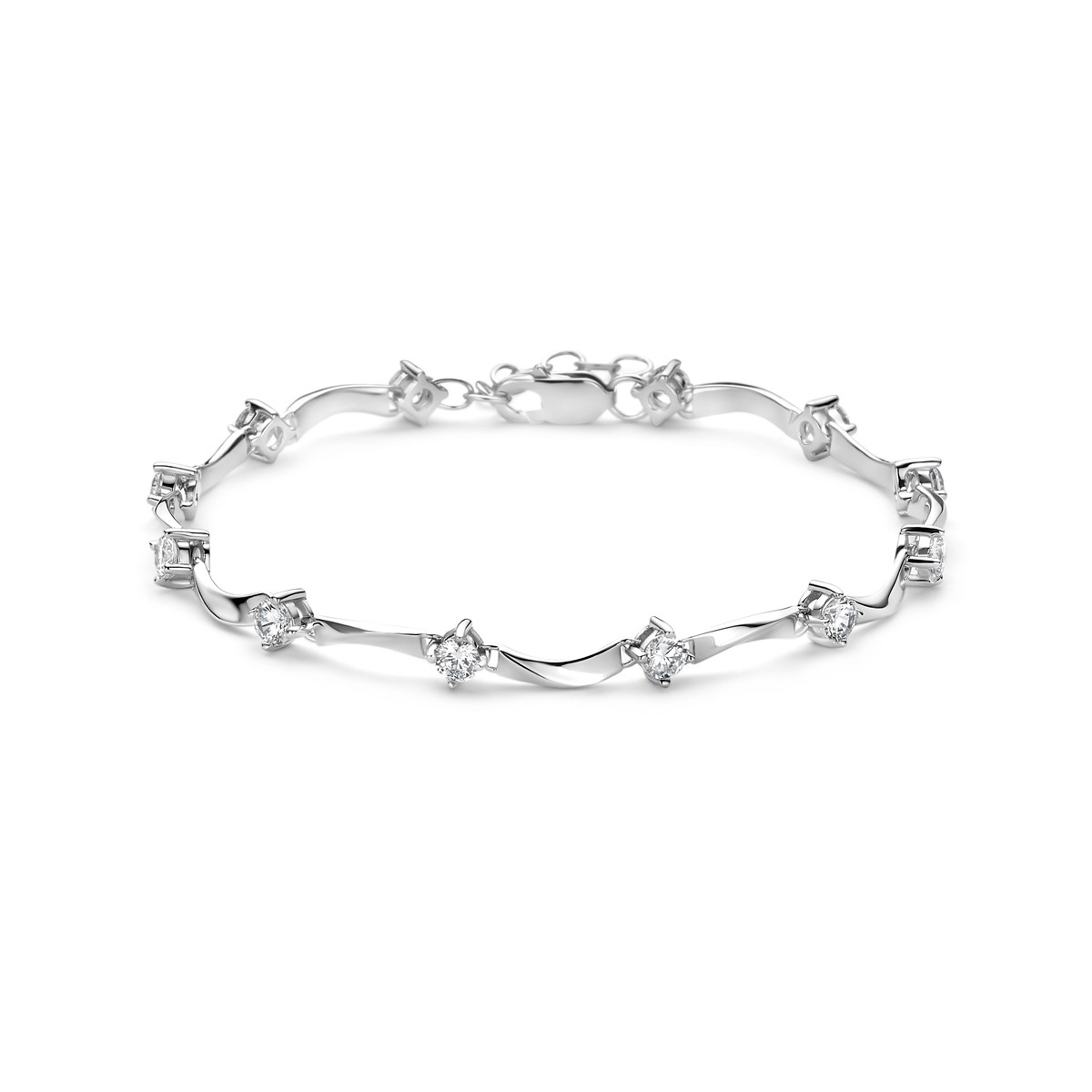 Zilveren armband met zirkonia golvende schakels 5 mm breed - Lengte 18.5 cm