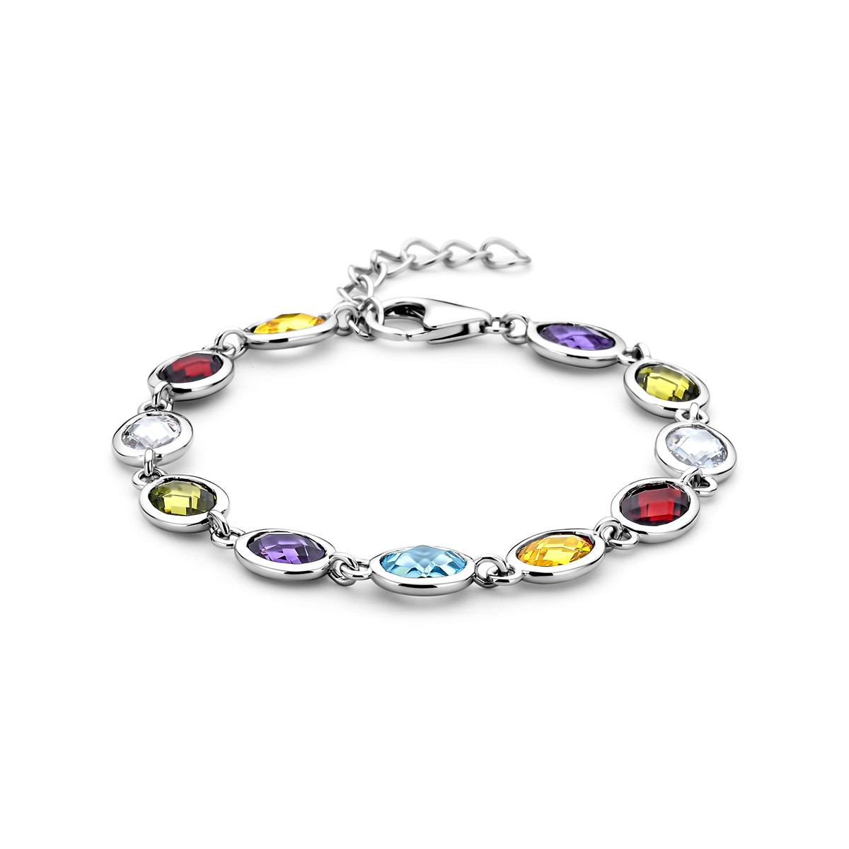 Zilveren armband met gekleurde zirkonia rood, paars, blauw en geel - Lengte 16-19 cm