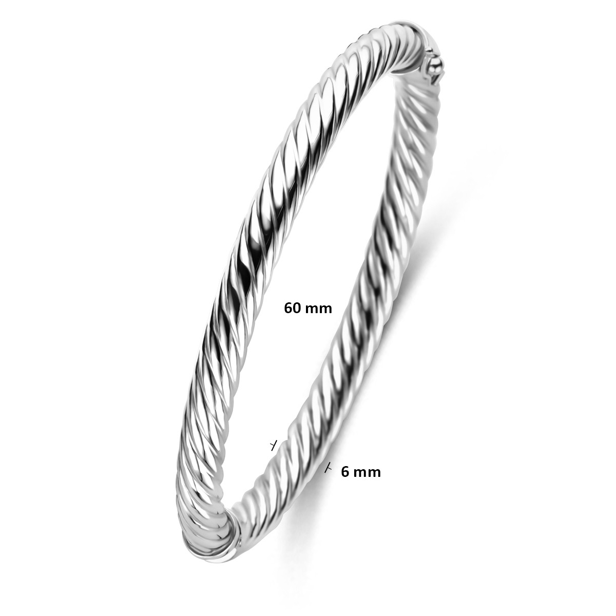 Zilveren bangle met gedraaid glanzend ontwerp 6 mm breed - Diameter 60 mm