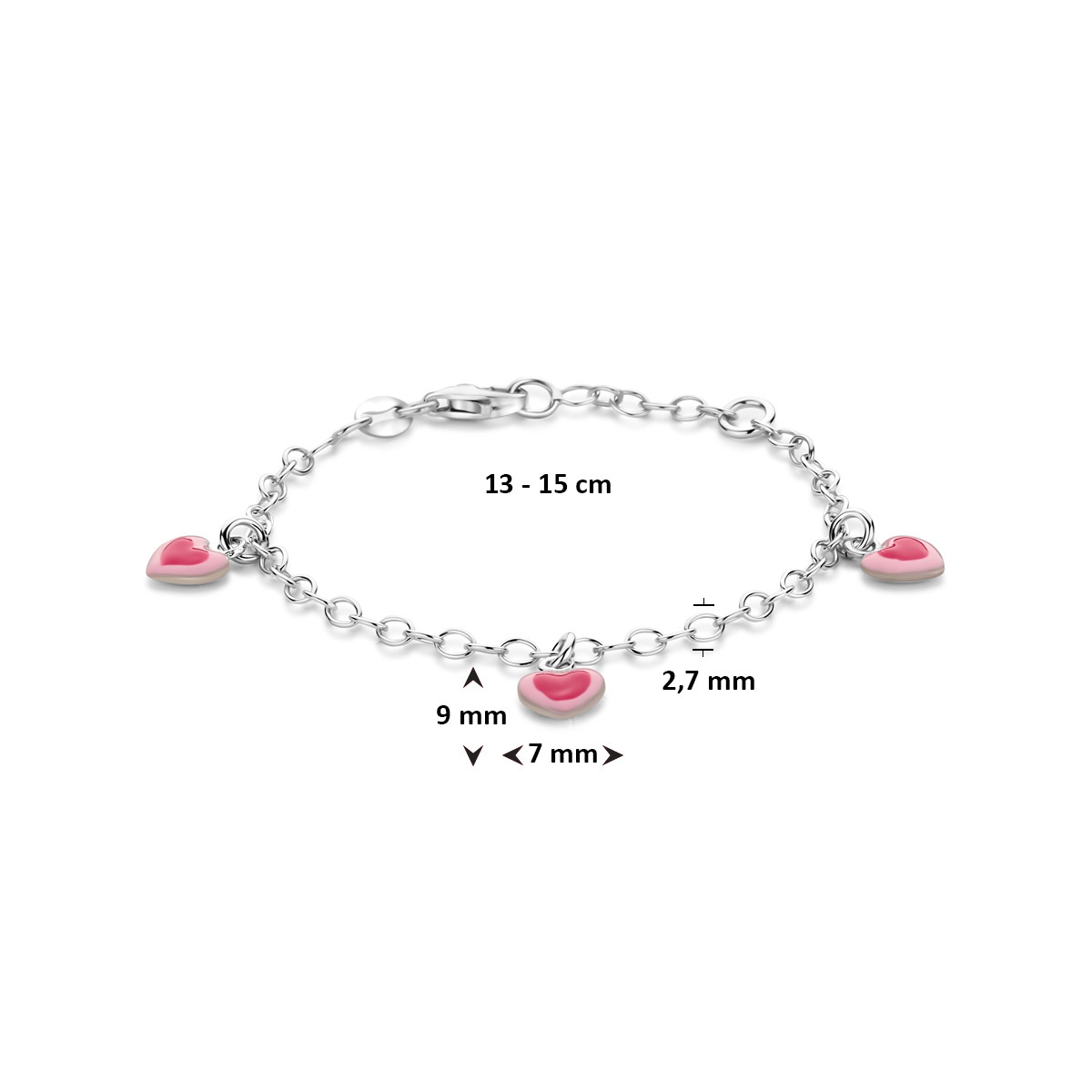 Zilveren bedelarmband met hartjeshangers 7 mm breed - Lengte 13-15 cm
