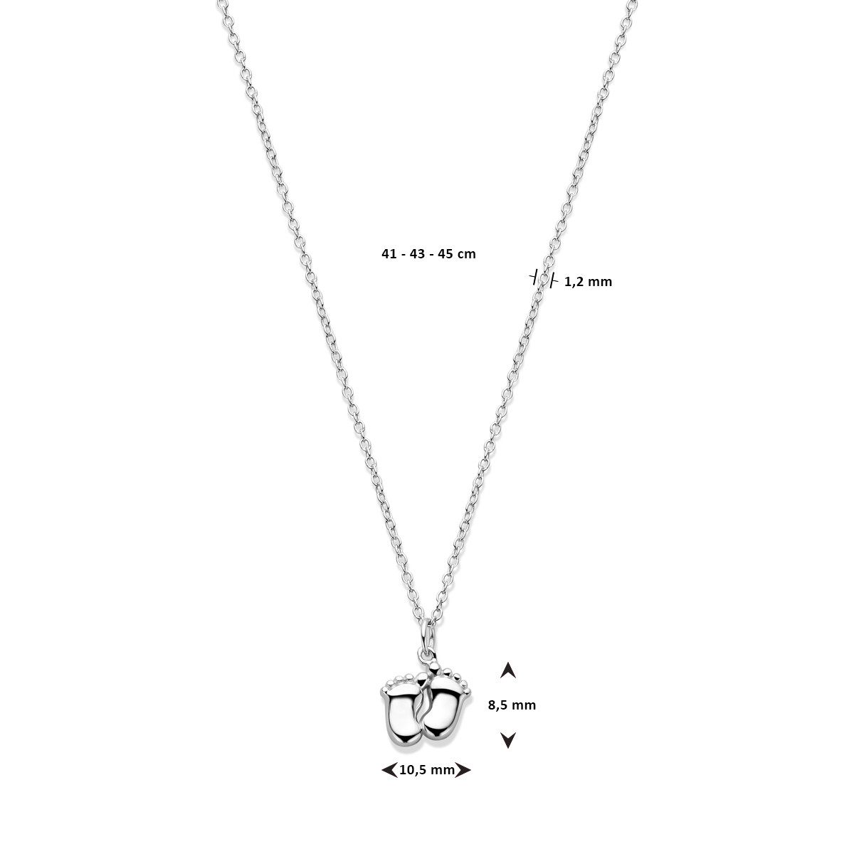 Zilveren collier met glanzende baby voetjes - Lengte 41, 43, 45 cm