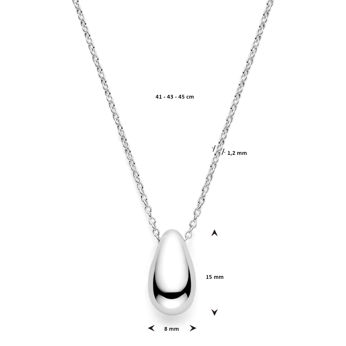 Zilveren collier met glanzende druppel hanger - Lengte 41, 43, 45 cm