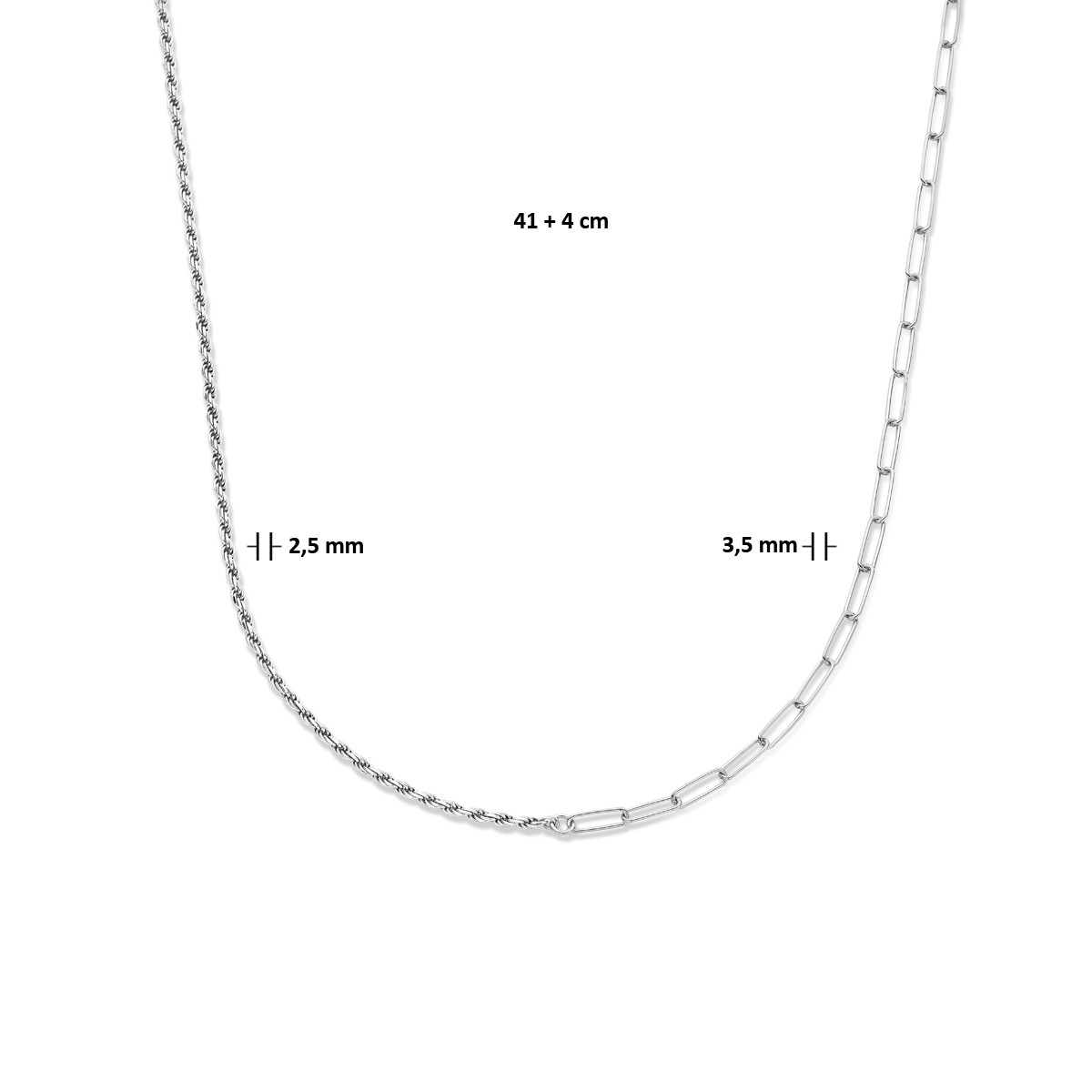 Zilveren combi-ketting met koord en paperclip - Lengte 41 + 4 cm