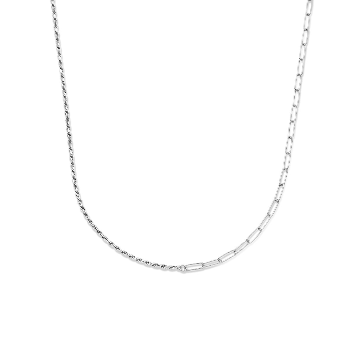 Zilveren combi-ketting met koord en paperclip - Lengte 41 + 4 cm