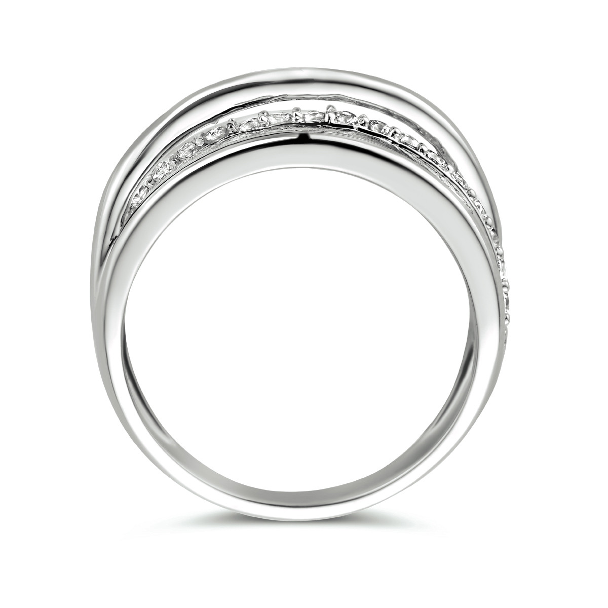 Zilveren crossover damesring met zirkonia rij 7.5 mm breed