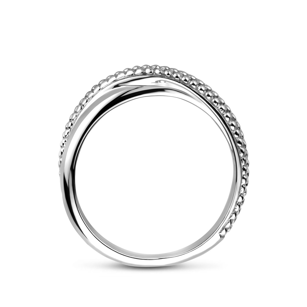 Zilveren crossover ring glanzend en bolletjes 6.5 mm breed