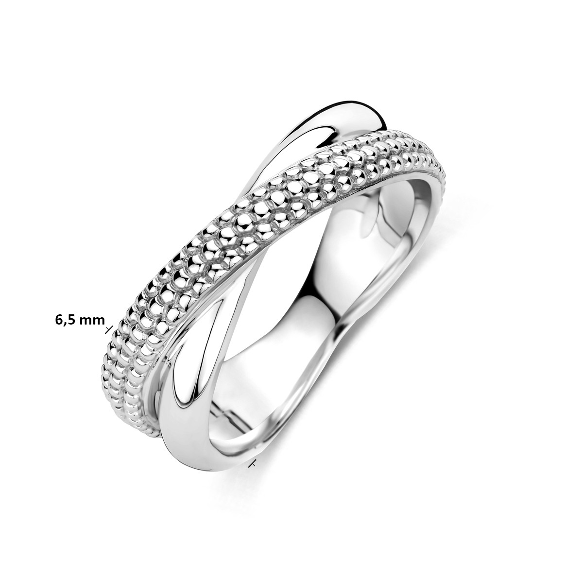 Zilveren crossover ring glanzend en bolletjes 6.5 mm breed
