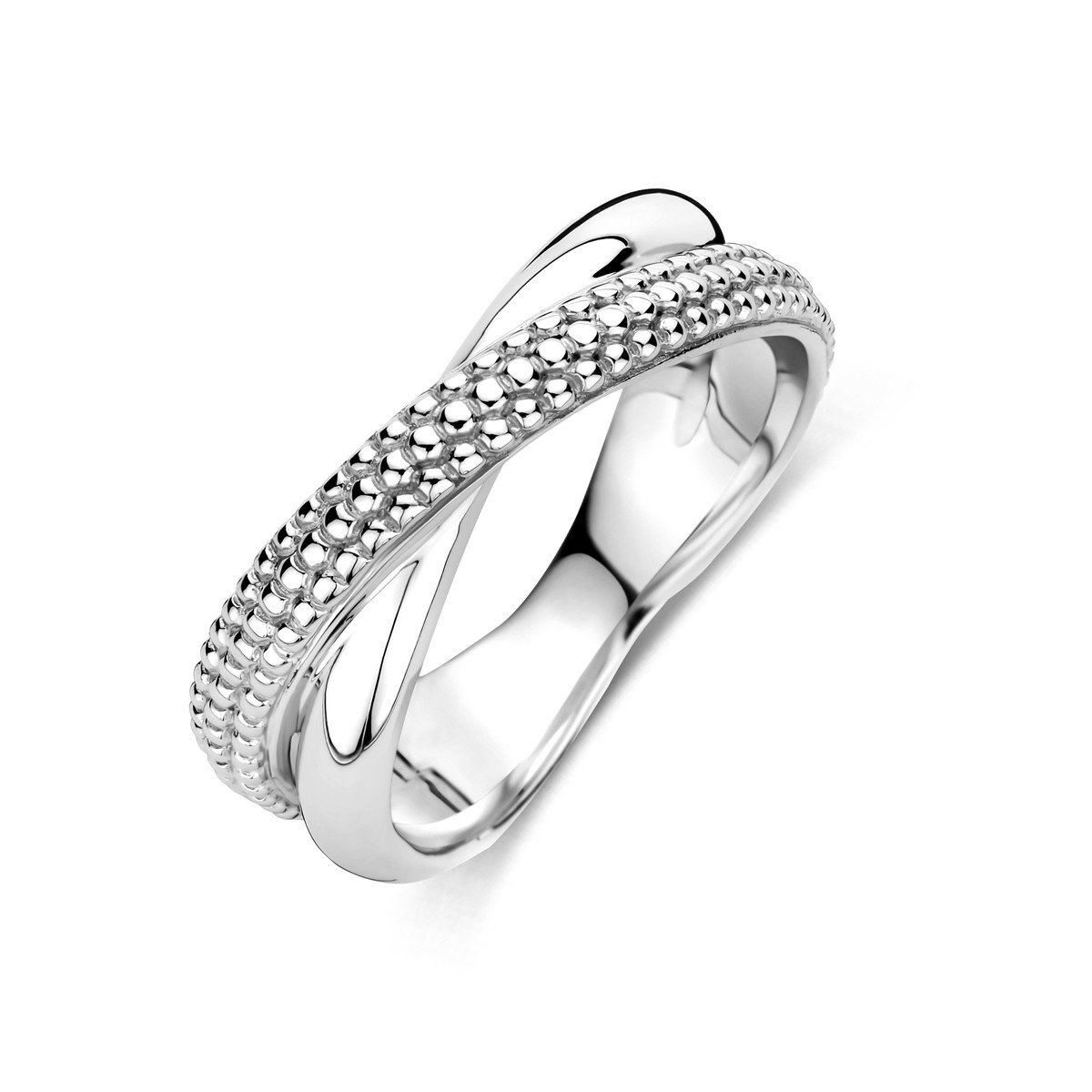 Zilveren crossover ring glanzend en bolletjes 6.5 mm breed