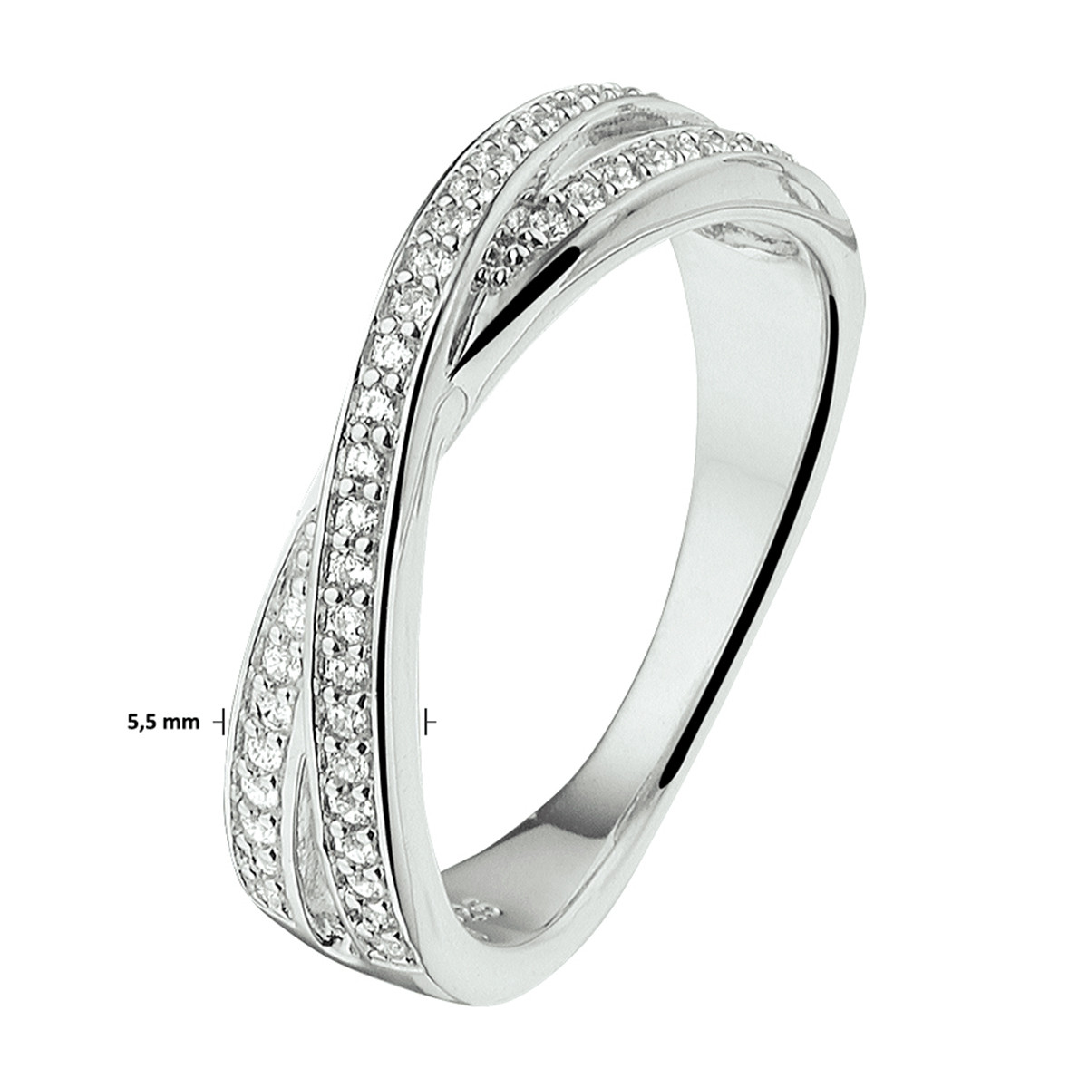 Zilveren crossover ring met 2 transparante zirkonia banen 5.5 mm breed