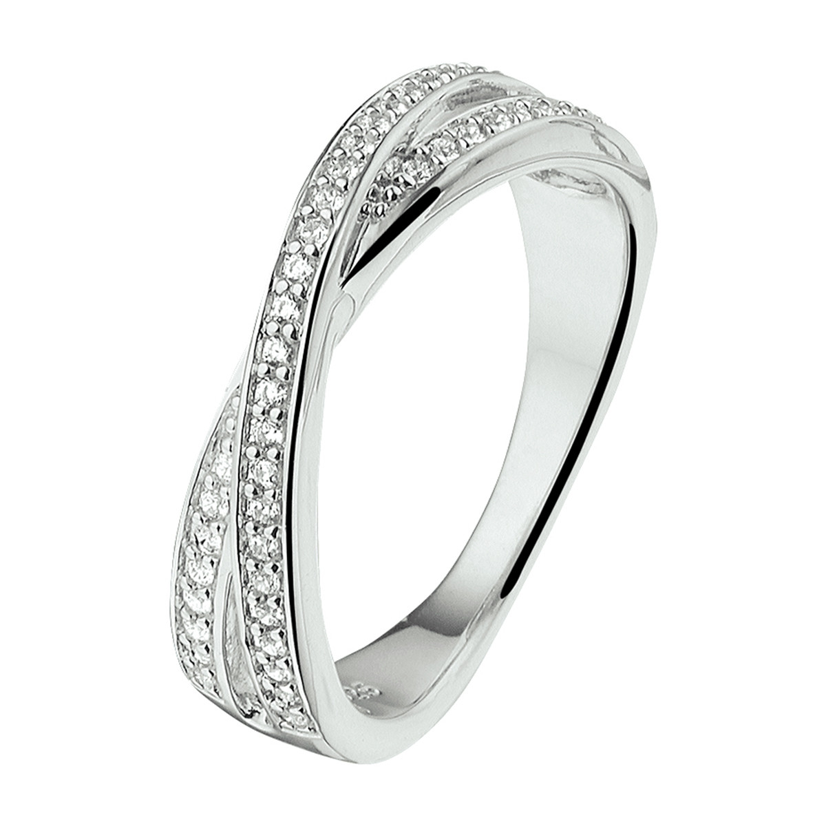 Zilveren crossover ring met 2 transparante zirkonia banen 5.5 mm breed
