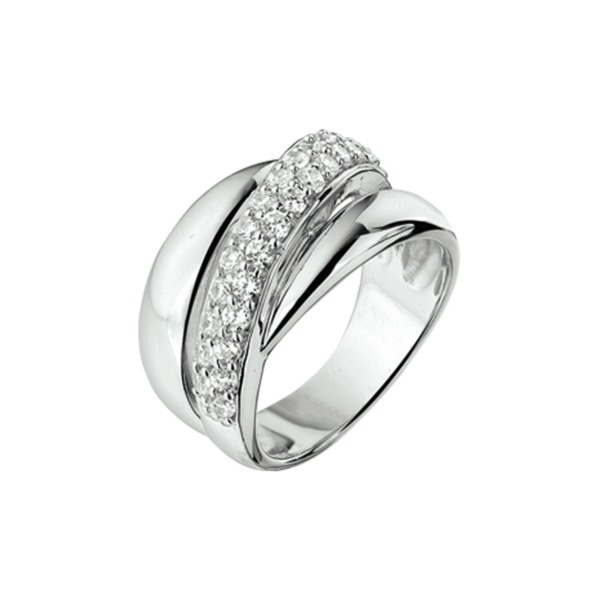 Zilveren crossover ring met briljant geslepen transparante zirkonia's 11.5 mm breed