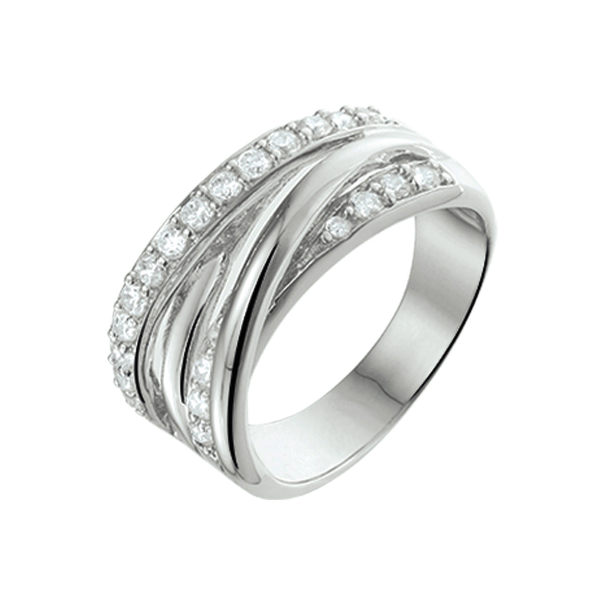 Zilveren crossover ring met briljant geslepen zirkonia's 10 mm breed